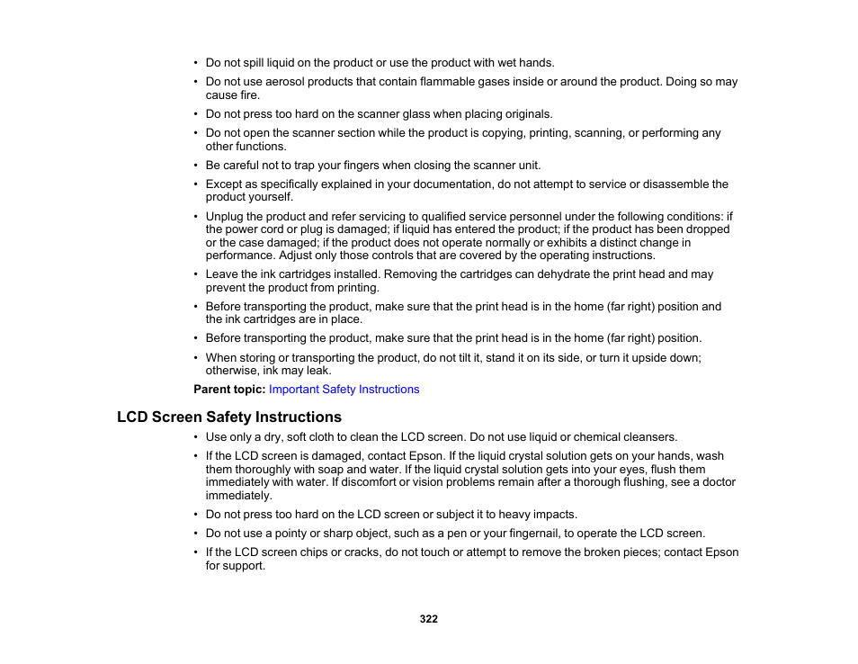 Lcd screen safety instructions | Epson WorkForce WF-2960 Wireless All-in-One Color Inkjet Printer User Manual | Page 322 / 332