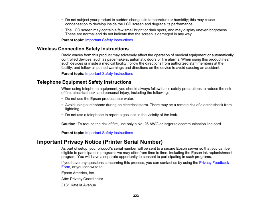 Wireless connection safety instructions, Telephone equipment safety instructions, Important privacy notice (printer serial number) | Epson WorkForce WF-2960 Wireless All-in-One Color Inkjet Printer User Manual | Page 323 / 332