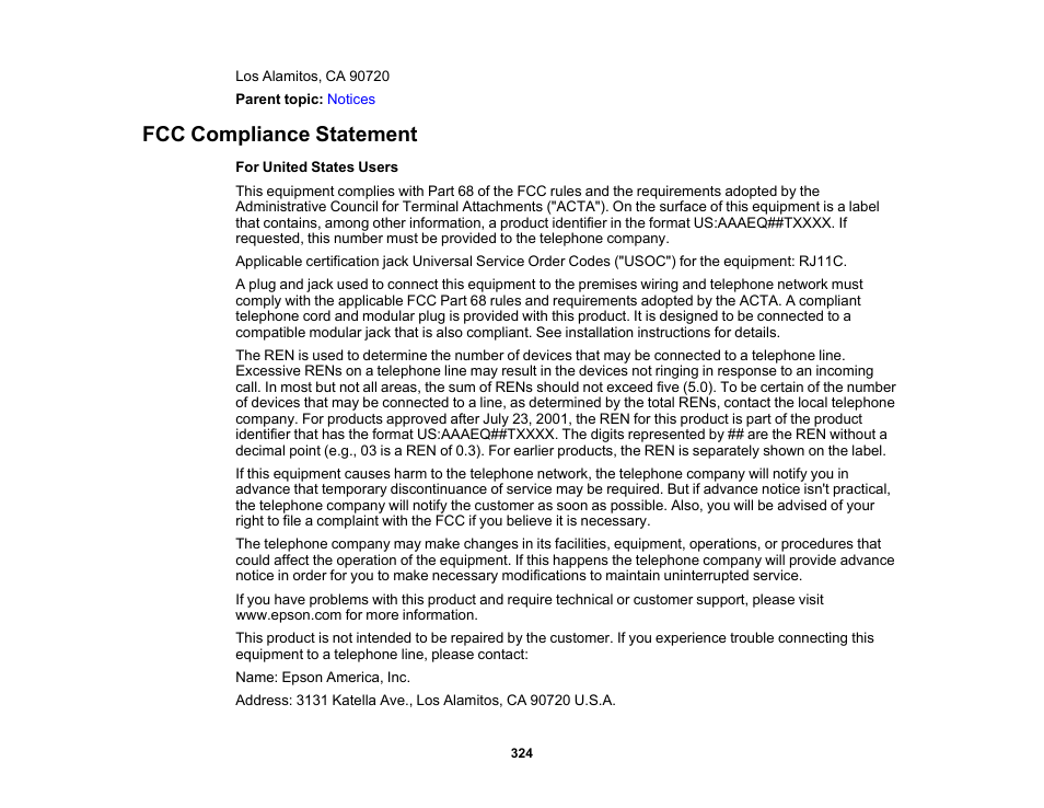 Fcc compliance statement | Epson WorkForce WF-2960 Wireless All-in-One Color Inkjet Printer User Manual | Page 324 / 332