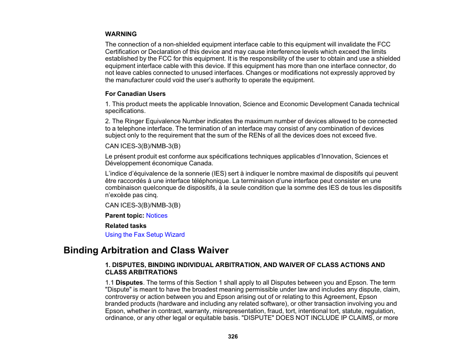 Binding arbitration and class waiver | Epson WorkForce WF-2960 Wireless All-in-One Color Inkjet Printer User Manual | Page 326 / 332