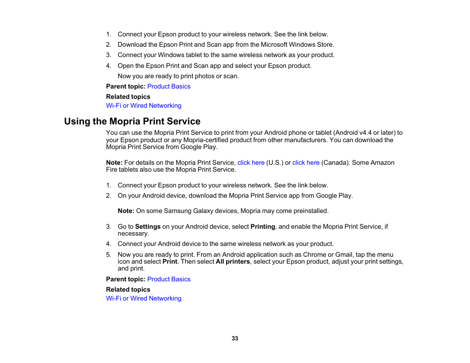 Using the mopria print service | Epson WorkForce WF-2960 Wireless All-in-One Color Inkjet Printer User Manual | Page 33 / 332