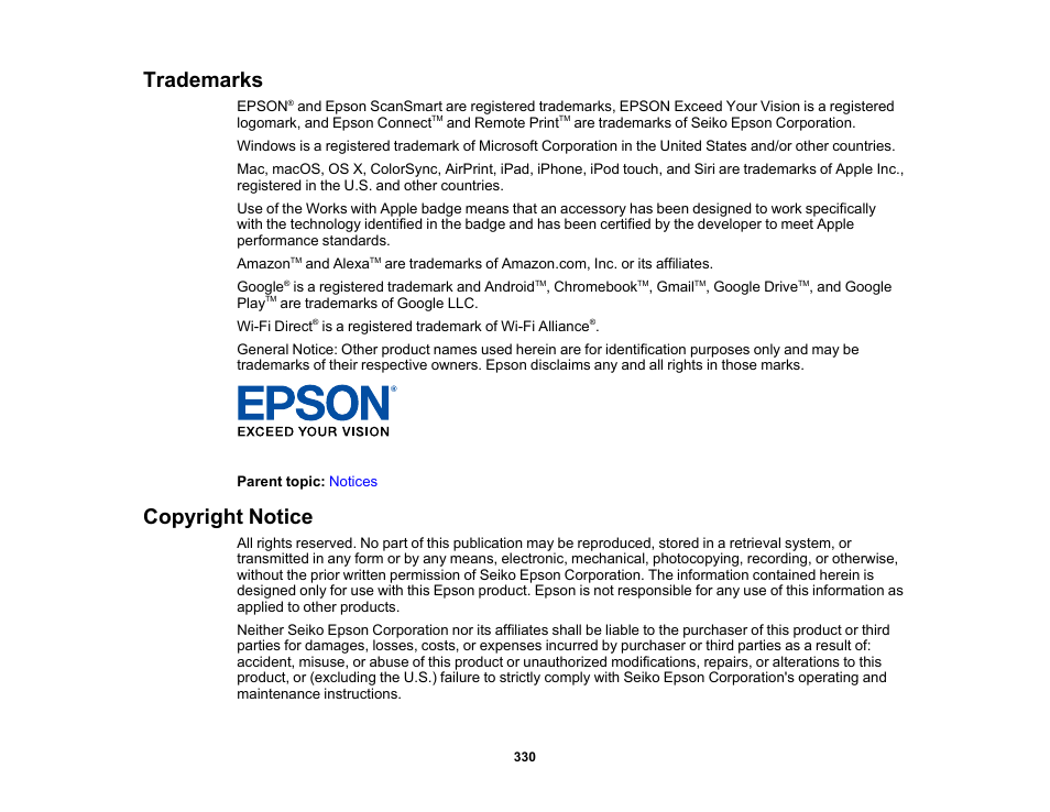 Trademarks, Copyright notice, Trademarks copyright notice | Epson WorkForce WF-2960 Wireless All-in-One Color Inkjet Printer User Manual | Page 330 / 332