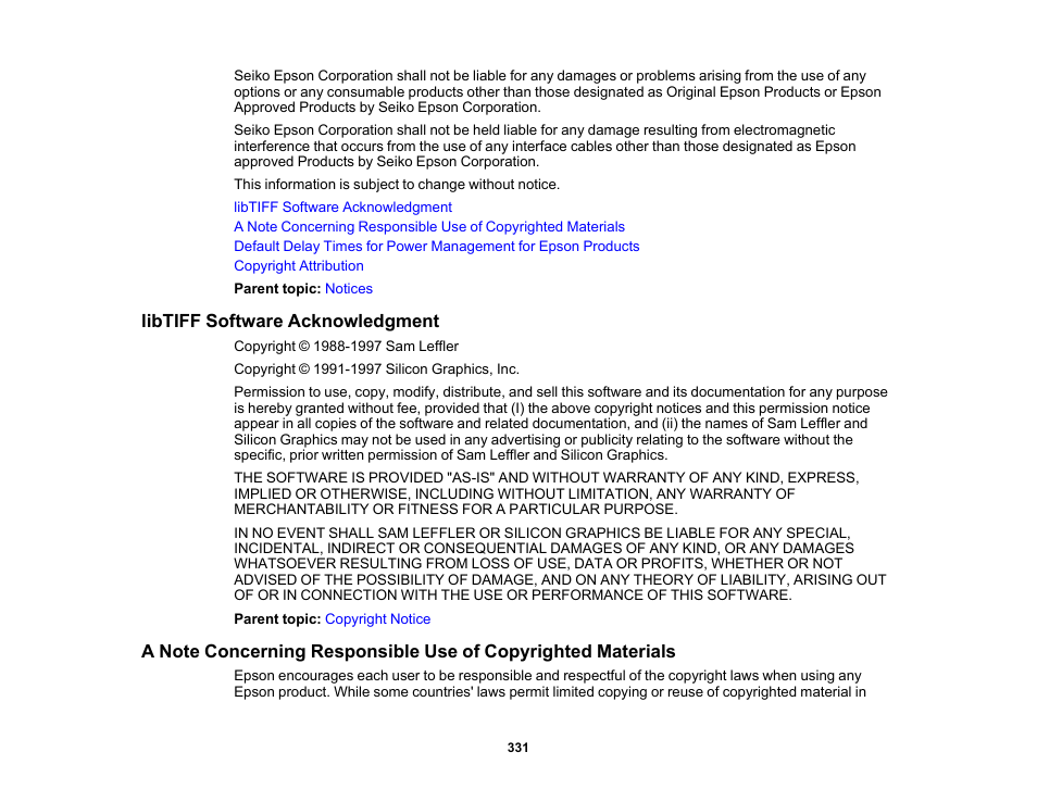 Libtiff software acknowledgment | Epson WorkForce WF-2960 Wireless All-in-One Color Inkjet Printer User Manual | Page 331 / 332
