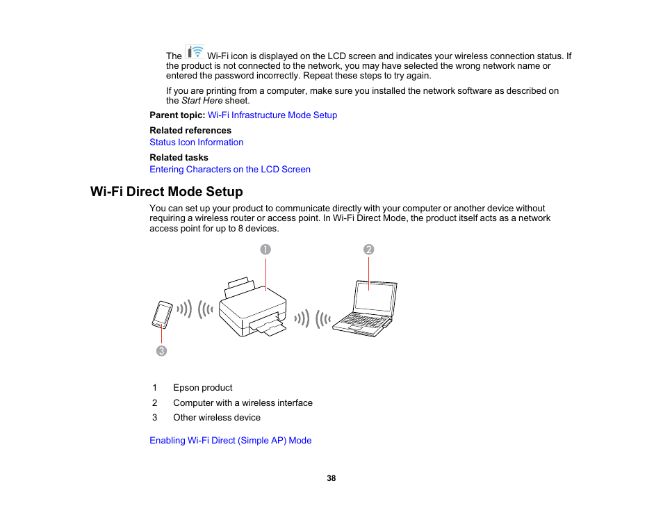 Wi-fi direct mode setup | Epson WorkForce WF-2960 Wireless All-in-One Color Inkjet Printer User Manual | Page 38 / 332