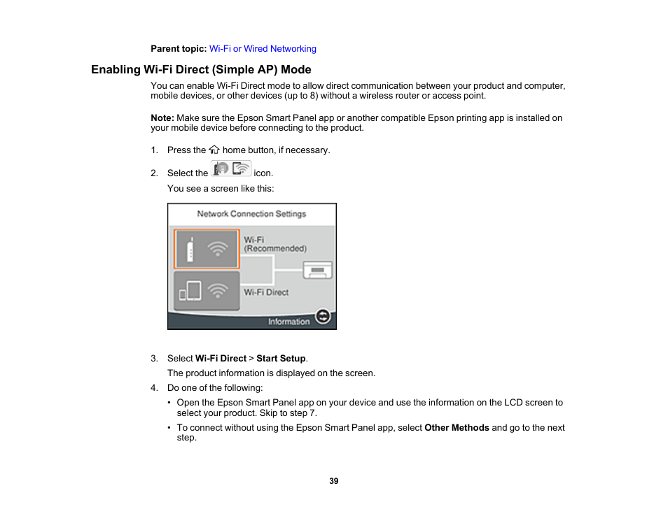 Enabling wi-fi direct (simple ap) mode | Epson WorkForce WF-2960 Wireless All-in-One Color Inkjet Printer User Manual | Page 39 / 332