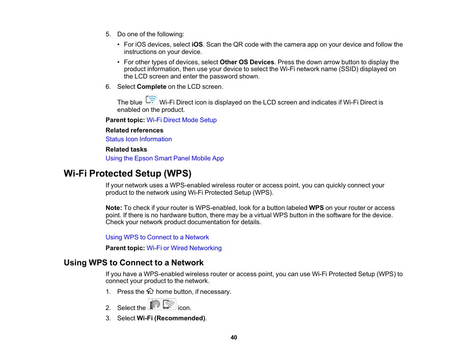 Wi-fi protected setup (wps), Using wps to connect to a network | Epson WorkForce WF-2960 Wireless All-in-One Color Inkjet Printer User Manual | Page 40 / 332