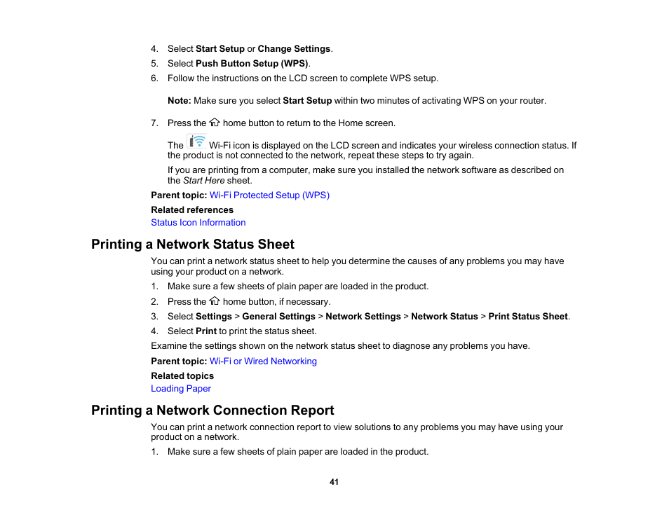 Printing a network status sheet, Printing a network connection report | Epson WorkForce WF-2960 Wireless All-in-One Color Inkjet Printer User Manual | Page 41 / 332