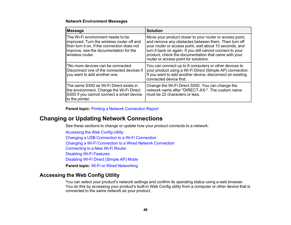 Changing or updating network connections, Accessing the web config utility | Epson WorkForce WF-2960 Wireless All-in-One Color Inkjet Printer User Manual | Page 48 / 332