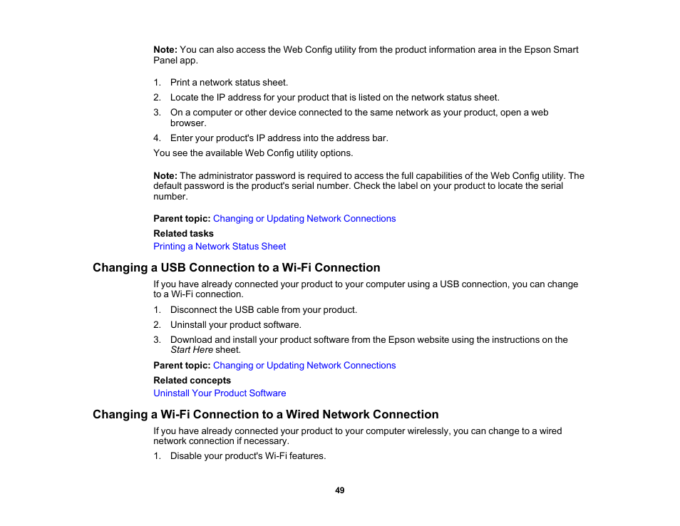 Changing a usb connection to a wi-fi connection | Epson WorkForce WF-2960 Wireless All-in-One Color Inkjet Printer User Manual | Page 49 / 332