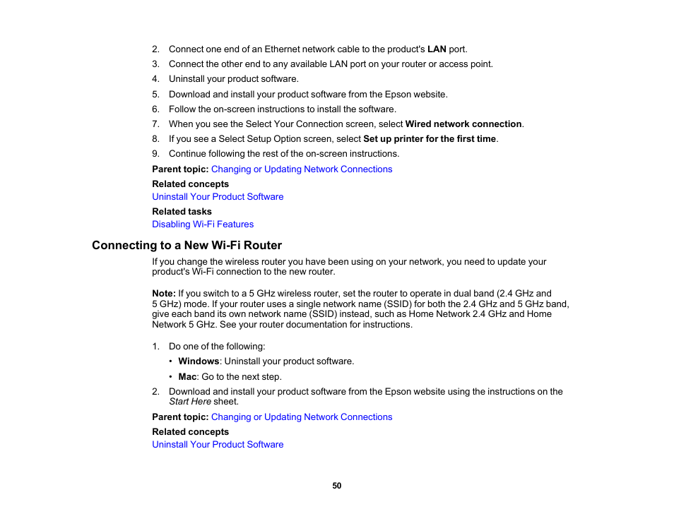 Connecting to a new wi-fi router | Epson WorkForce WF-2960 Wireless All-in-One Color Inkjet Printer User Manual | Page 50 / 332