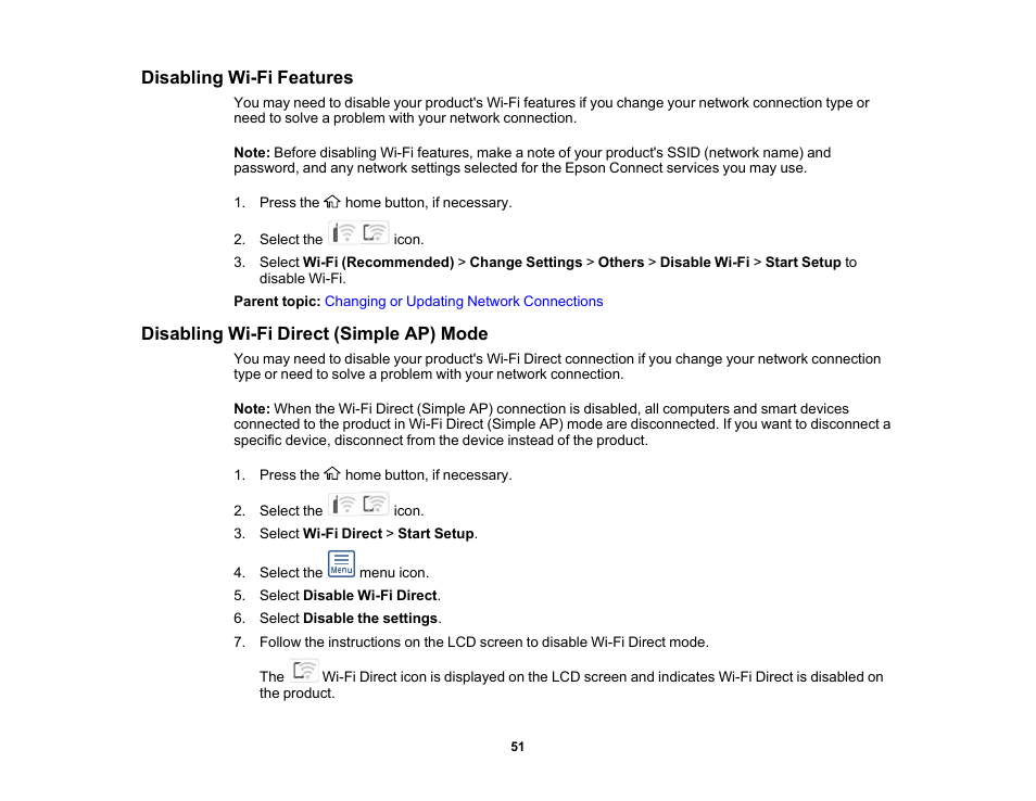 Disabling wi-fi features, Disabling wi-fi direct (simple ap) mode | Epson WorkForce WF-2960 Wireless All-in-One Color Inkjet Printer User Manual | Page 51 / 332