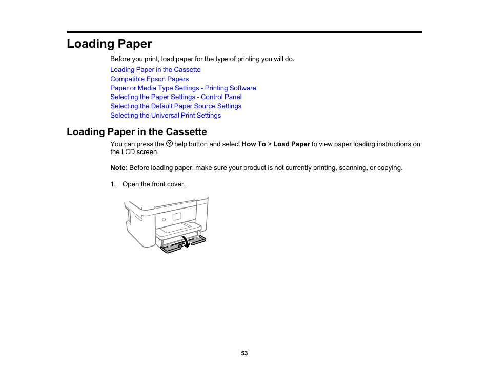 Loading paper, Loading paper in the cassette | Epson WorkForce WF-2960 Wireless All-in-One Color Inkjet Printer User Manual | Page 53 / 332
