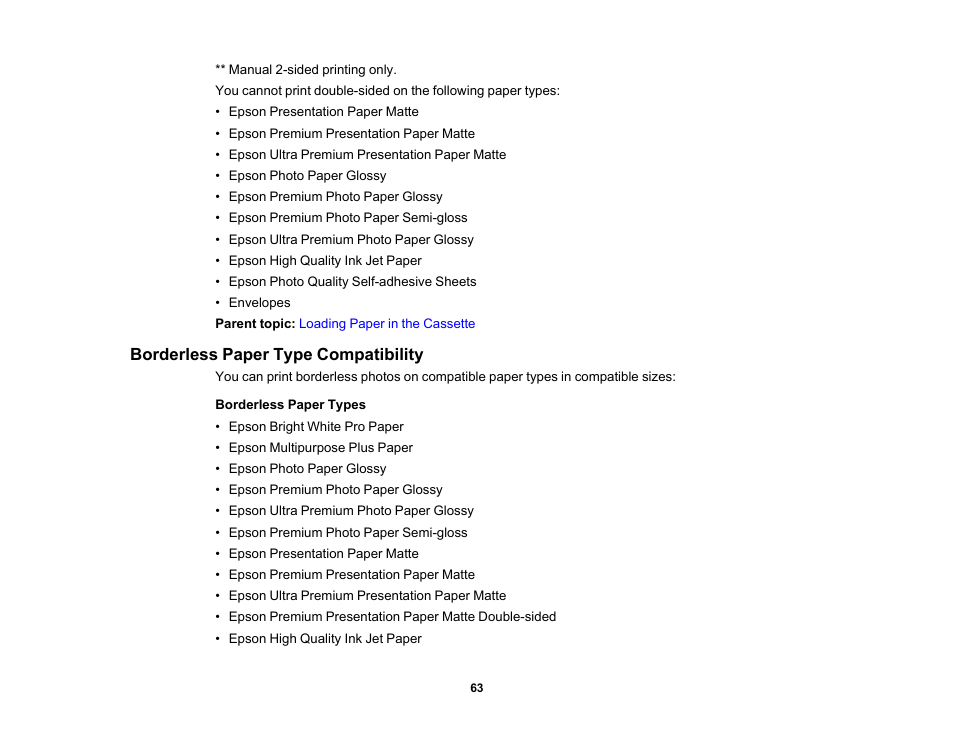 Borderless paper type compatibility | Epson WorkForce WF-2960 Wireless All-in-One Color Inkjet Printer User Manual | Page 63 / 332