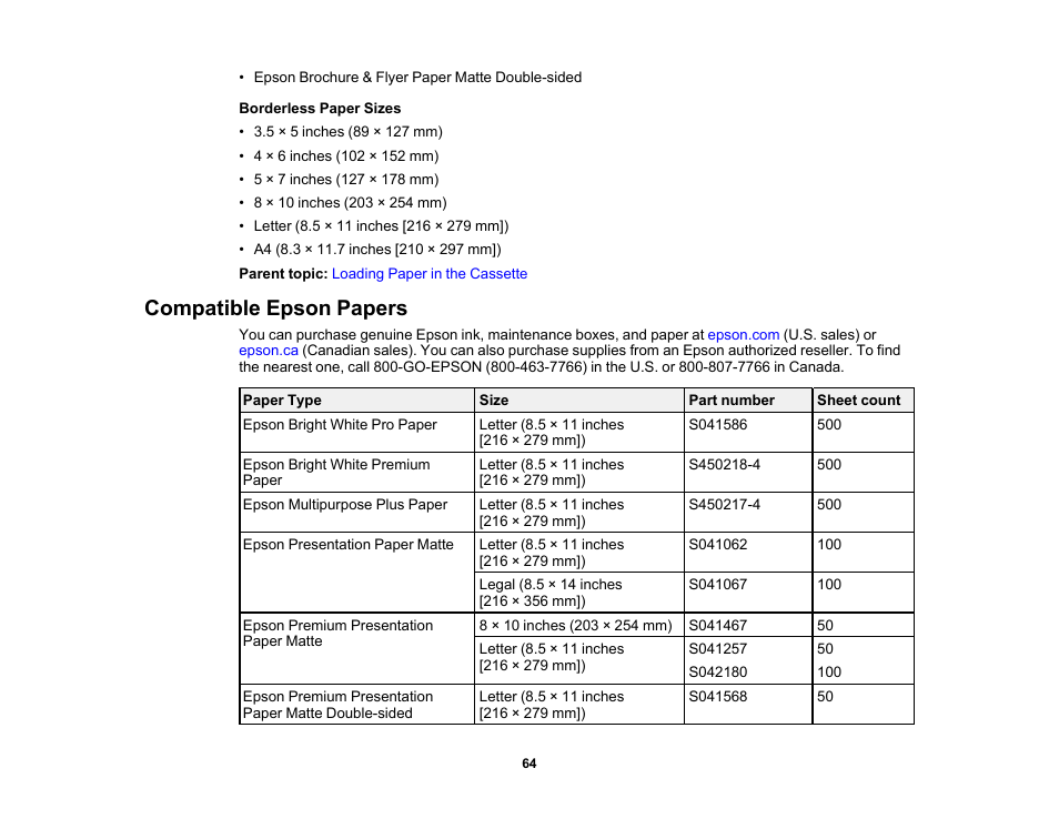 Compatible epson papers | Epson WorkForce WF-2960 Wireless All-in-One Color Inkjet Printer User Manual | Page 64 / 332