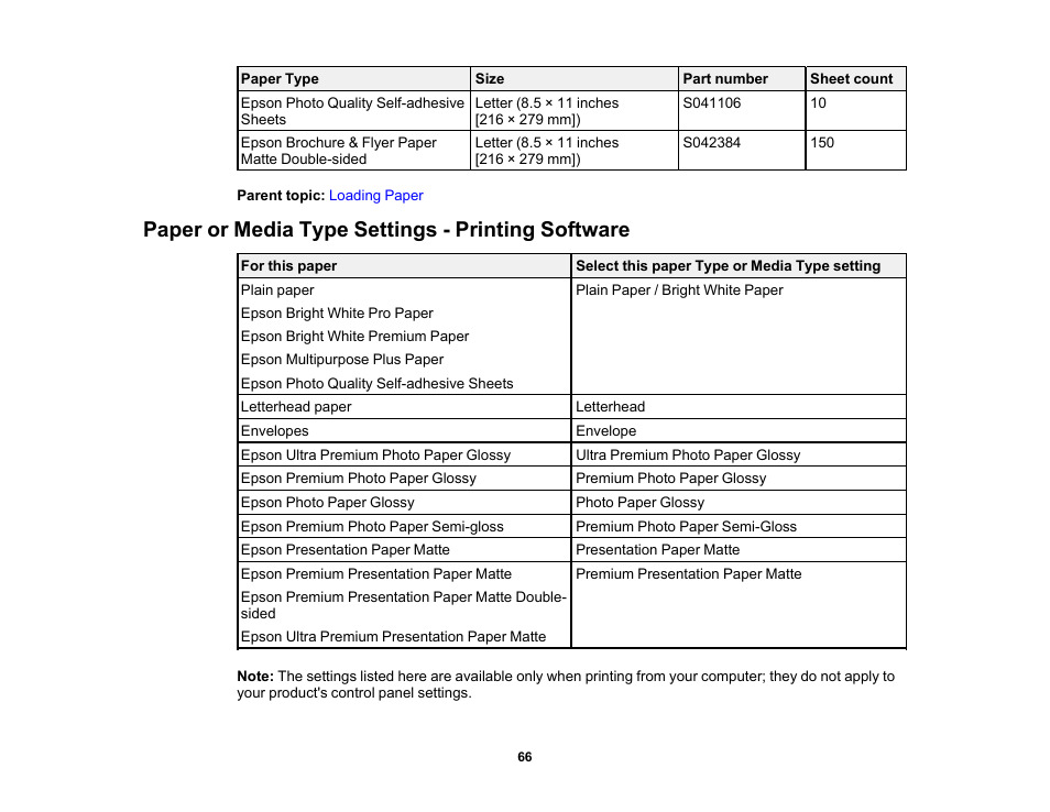 Paper or media type settings - printing software | Epson WorkForce WF-2960 Wireless All-in-One Color Inkjet Printer User Manual | Page 66 / 332