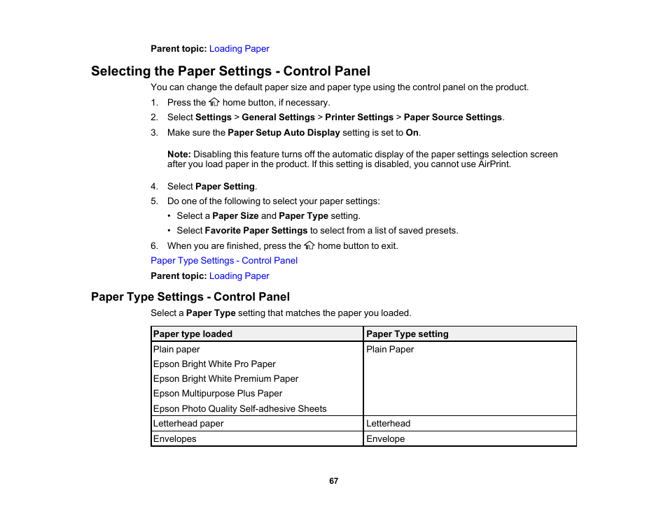 Selecting the paper settings - control panel, Paper type settings - control panel | Epson WorkForce WF-2960 Wireless All-in-One Color Inkjet Printer User Manual | Page 67 / 332