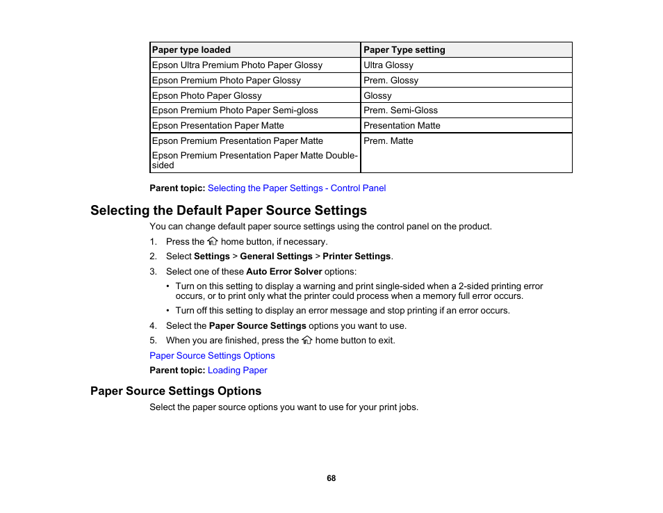 Selecting the default paper source settings, Paper source settings options | Epson WorkForce WF-2960 Wireless All-in-One Color Inkjet Printer User Manual | Page 68 / 332