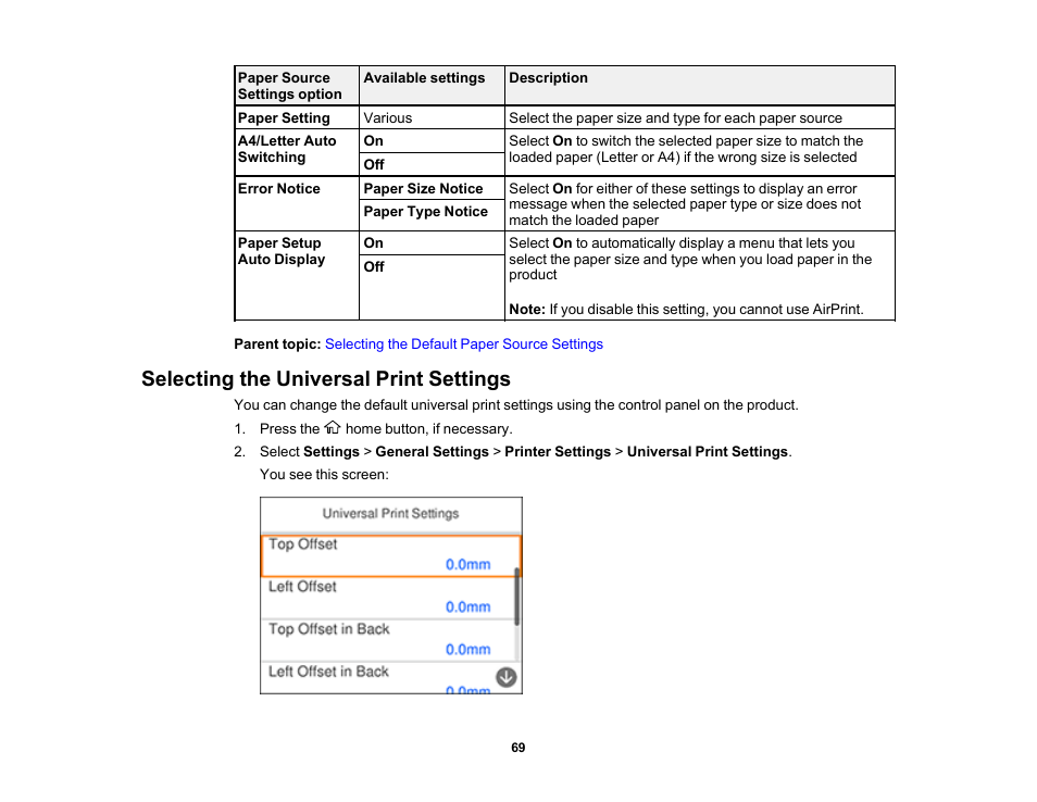 Selecting the universal print settings | Epson WorkForce WF-2960 Wireless All-in-One Color Inkjet Printer User Manual | Page 69 / 332