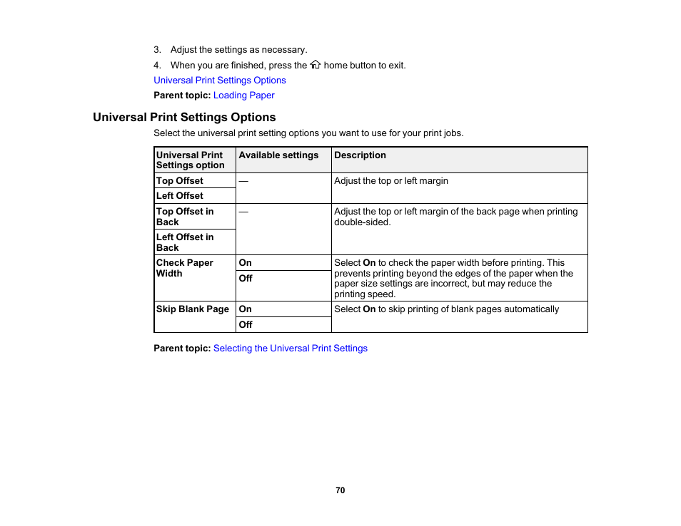 Universal print settings options | Epson WorkForce WF-2960 Wireless All-in-One Color Inkjet Printer User Manual | Page 70 / 332