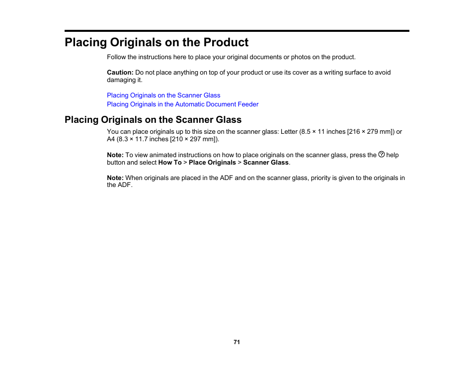 Placing originals on the product, Placing originals on the scanner glass | Epson WorkForce WF-2960 Wireless All-in-One Color Inkjet Printer User Manual | Page 71 / 332