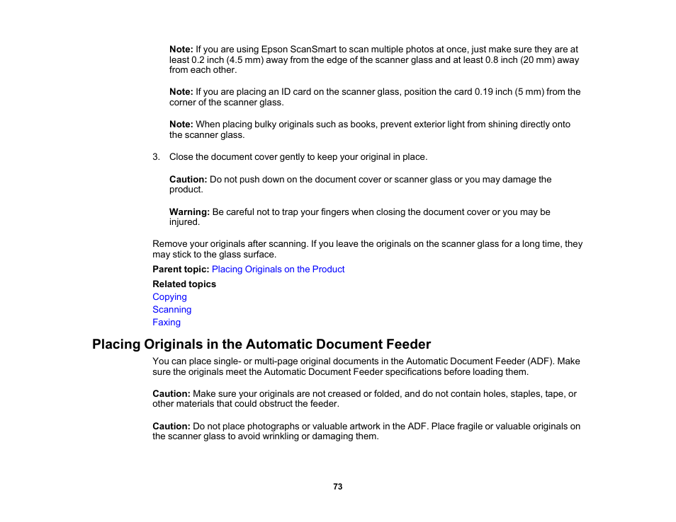 Placing originals in the automatic document feeder | Epson WorkForce WF-2960 Wireless All-in-One Color Inkjet Printer User Manual | Page 73 / 332