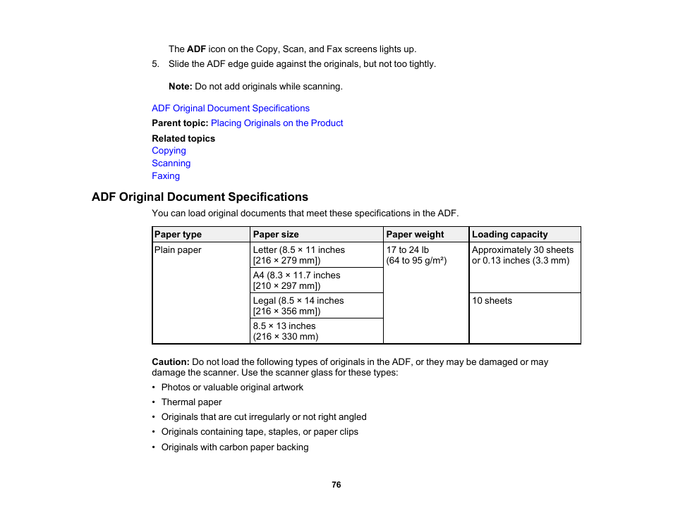 Adf original document specifications | Epson WorkForce WF-2960 Wireless All-in-One Color Inkjet Printer User Manual | Page 76 / 332