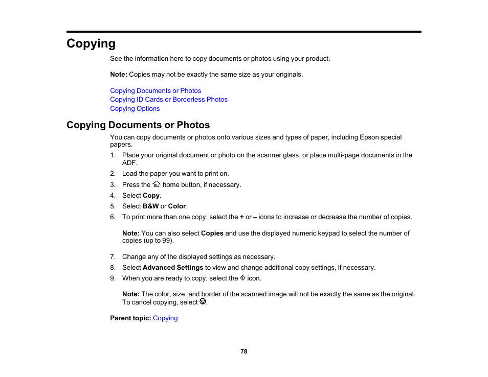 Copying, Copying documents or photos | Epson WorkForce WF-2960 Wireless All-in-One Color Inkjet Printer User Manual | Page 78 / 332