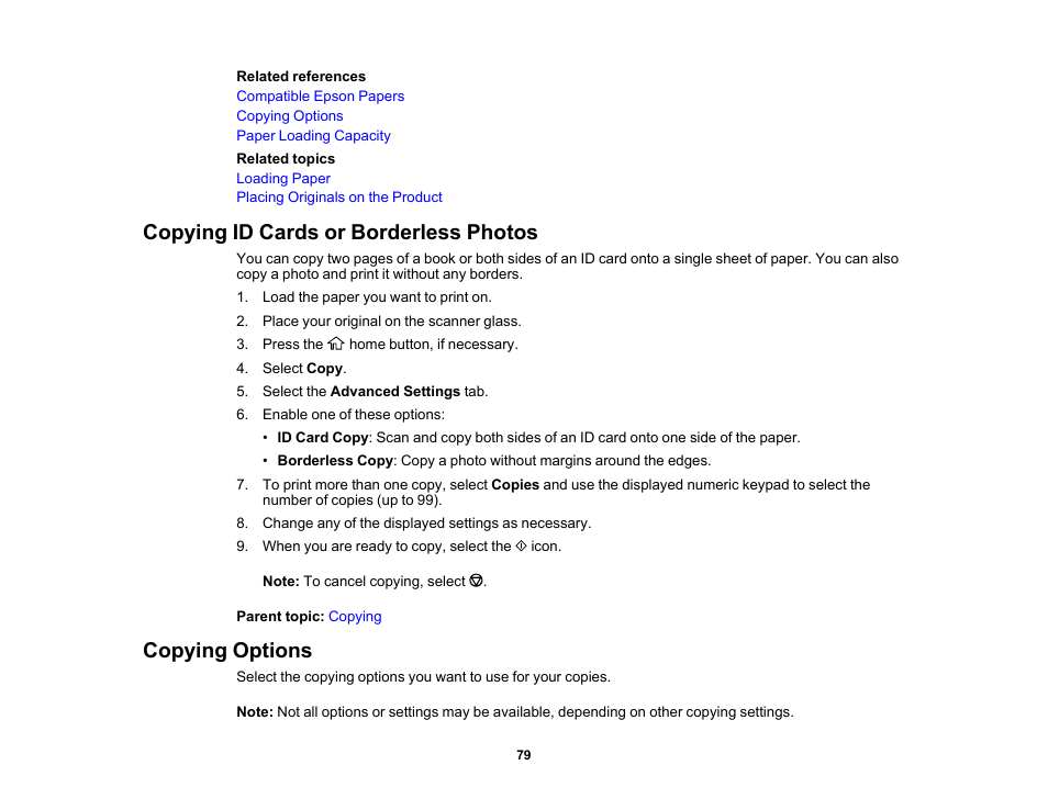 Copying id cards or borderless photos, Copying options | Epson WorkForce WF-2960 Wireless All-in-One Color Inkjet Printer User Manual | Page 79 / 332
