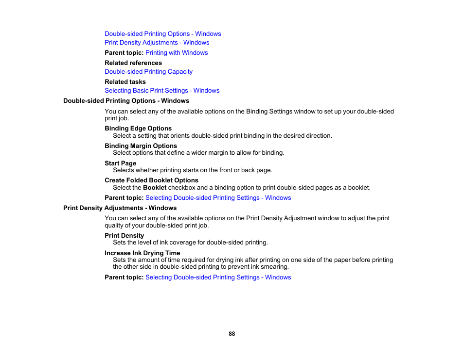 Double-sided printing options - windows, Print density adjustments - windows | Epson WorkForce WF-2960 Wireless All-in-One Color Inkjet Printer User Manual | Page 88 / 332