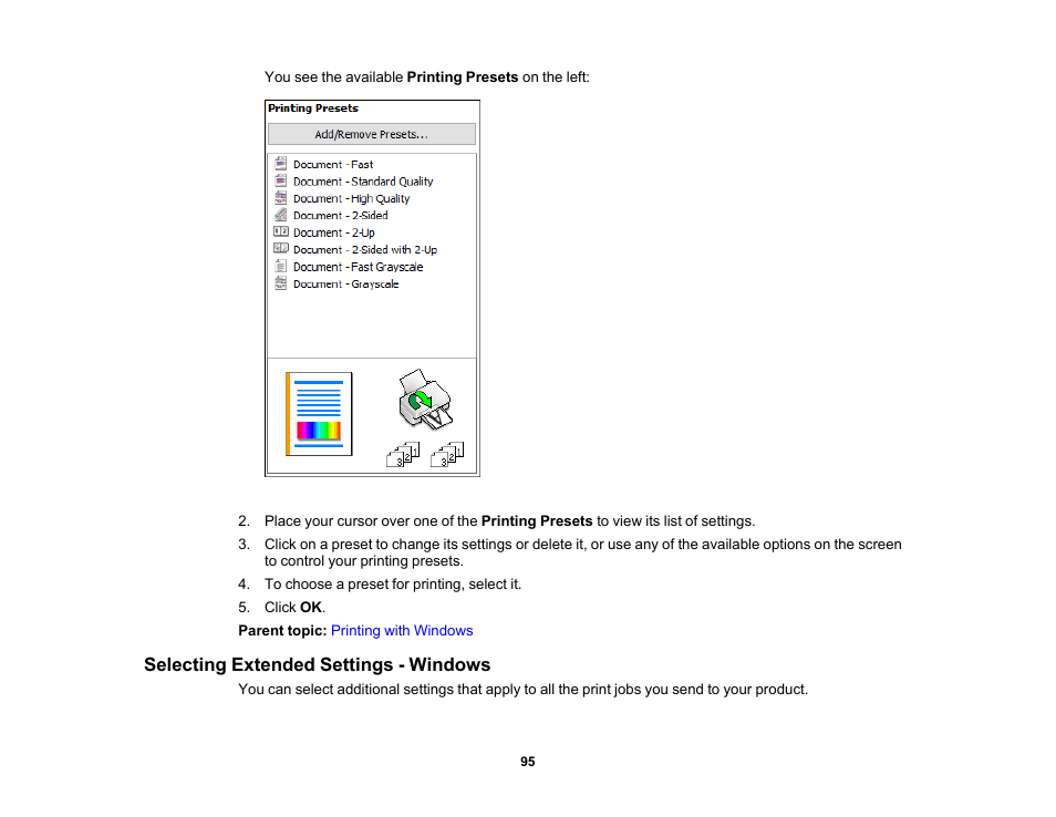 Selecting extended settings - windows | Epson WorkForce WF-2960 Wireless All-in-One Color Inkjet Printer User Manual | Page 95 / 332