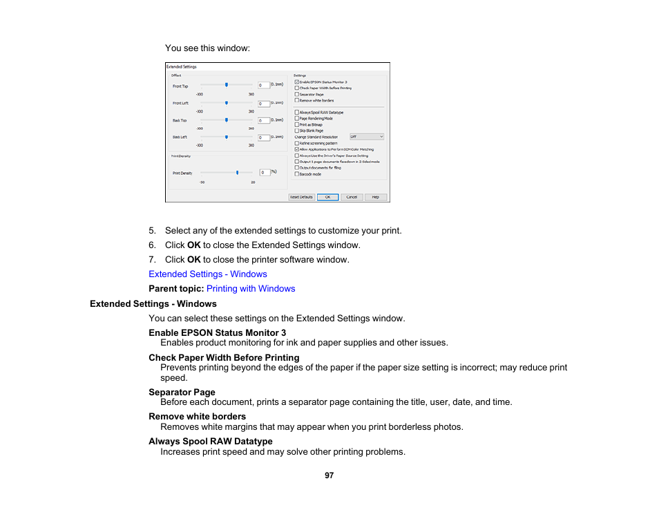 Extended settings - windows | Epson WorkForce WF-2960 Wireless All-in-One Color Inkjet Printer User Manual | Page 97 / 332