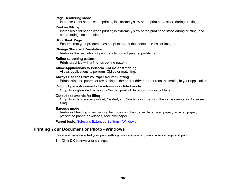 Printing your document or photo - windows | Epson WorkForce WF-2960 Wireless All-in-One Color Inkjet Printer User Manual | Page 98 / 332
