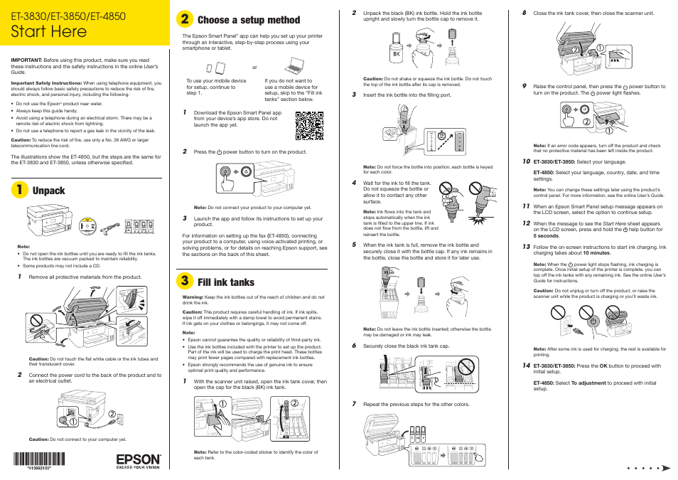 Epson EcoTank ET-3850 Wireless Color All-in-One Cartridge-Free Supertank Printer User Manual | 2 pages