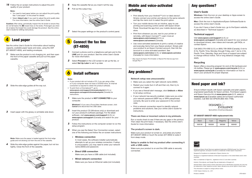 Connect the fax line (et-4850), Install software, Load paper | Mobile and voice-activated printing, Any problems, Any questions, Need paper and ink | Epson EcoTank ET-3850 Wireless Color All-in-One Cartridge-Free Supertank Printer User Manual | Page 2 / 2