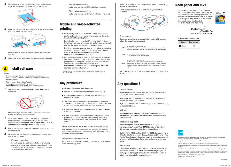 Any questions, Need paper and ink, Mobile and voice-activated printing | Any problems, Install software | Epson EcoTank ET-M2170 Wireless Monochrome All-in-One Supertank Printer User Manual | Page 4 / 4
