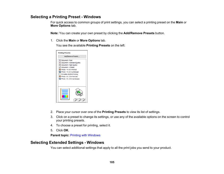 Selecting a printing preset - windows, Selecting extended settings - windows | Epson Expression Premium XP-6100 All-in-One Printer User Manual | Page 105 / 334