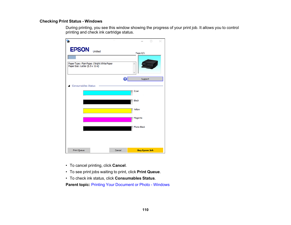 Checking print status - windows | Epson Expression Premium XP-6100 All-in-One Printer User Manual | Page 110 / 334