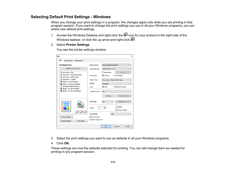 Selecting default print settings - windows | Epson Expression Premium XP-6100 All-in-One Printer User Manual | Page 111 / 334