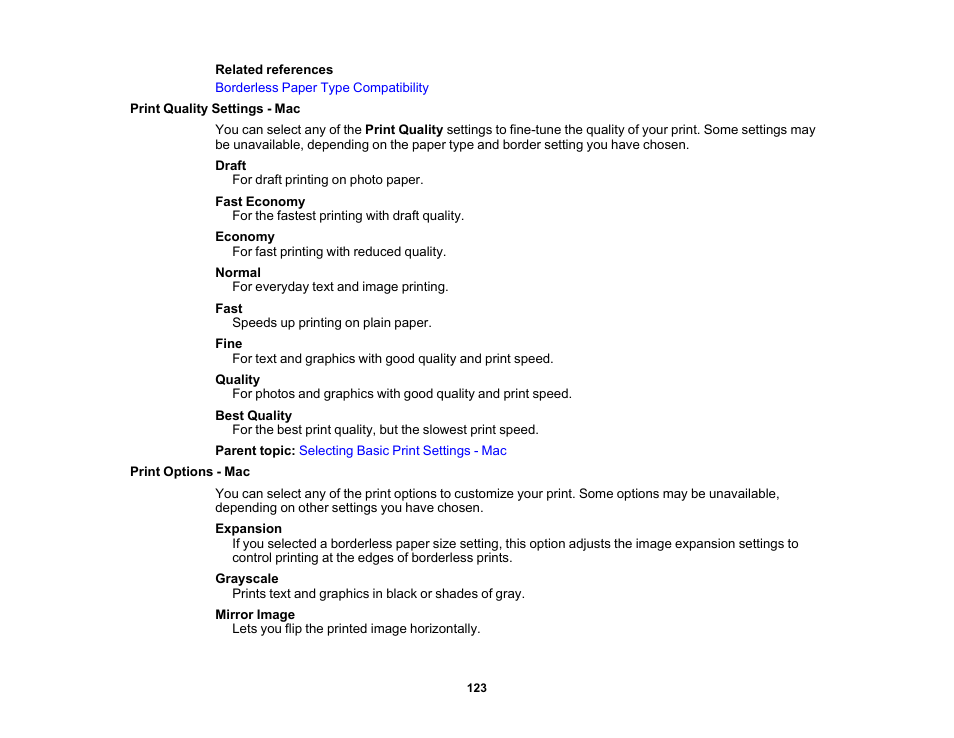 Print quality settings - mac, Print options - mac, Print quality settings - mac print options - mac | Epson Expression Premium XP-6100 All-in-One Printer User Manual | Page 123 / 334