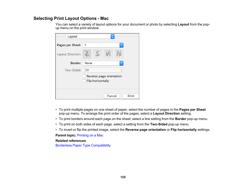 Selecting print layout options - mac | Epson Expression Premium XP-6100 All-in-One Printer User Manual | Page 125 / 334