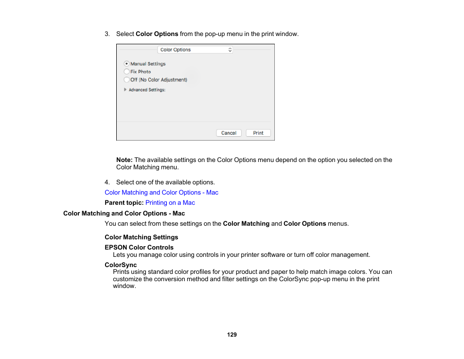 Color matching and color options - mac | Epson Expression Premium XP-6100 All-in-One Printer User Manual | Page 129 / 334