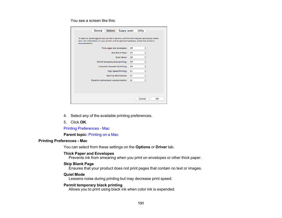 Printing preferences - mac | Epson Expression Premium XP-6100 All-in-One Printer User Manual | Page 131 / 334