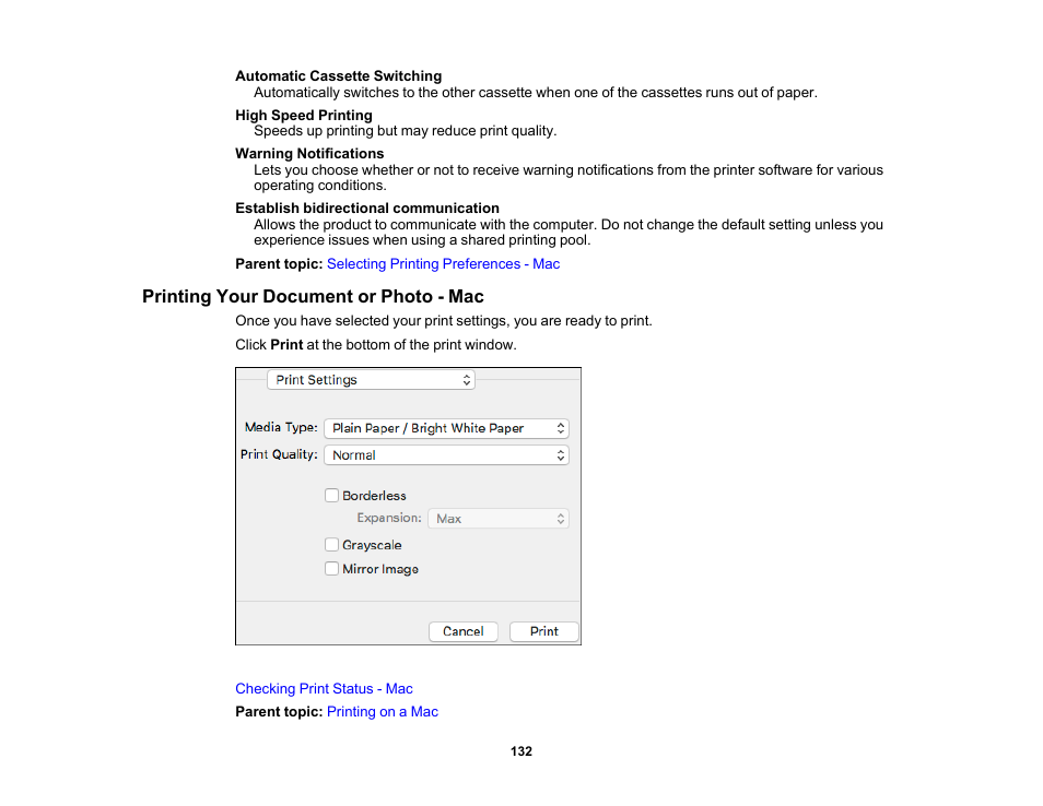 Printing your document or photo - mac | Epson Expression Premium XP-6100 All-in-One Printer User Manual | Page 132 / 334