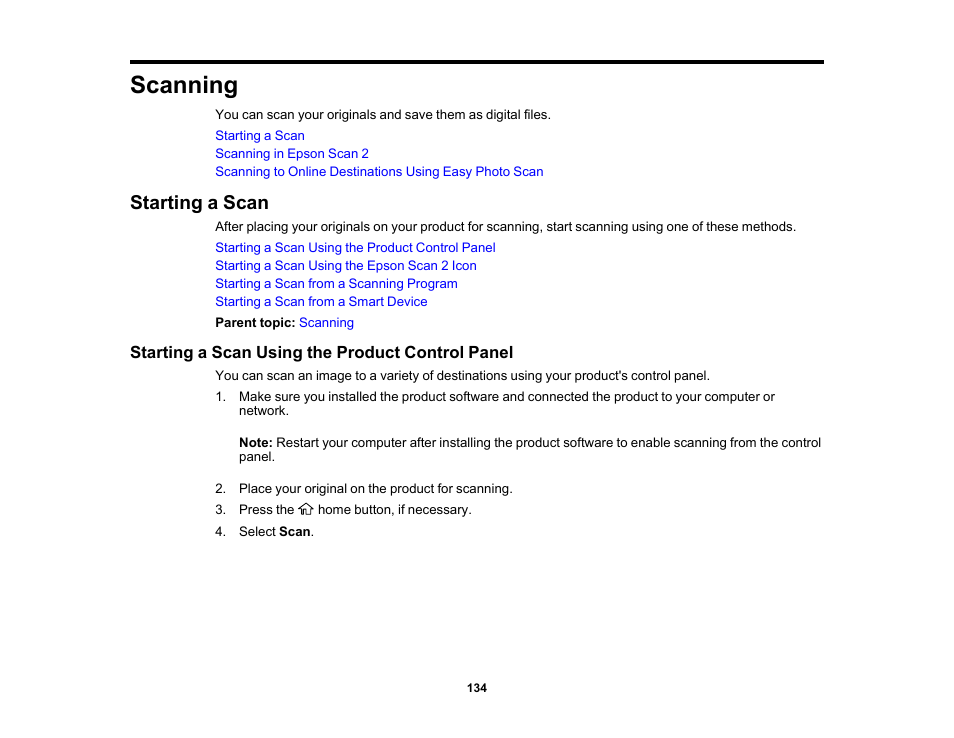 Scanning, Starting a scan, Starting a scan using the product control panel | Epson Expression Premium XP-6100 All-in-One Printer User Manual | Page 134 / 334