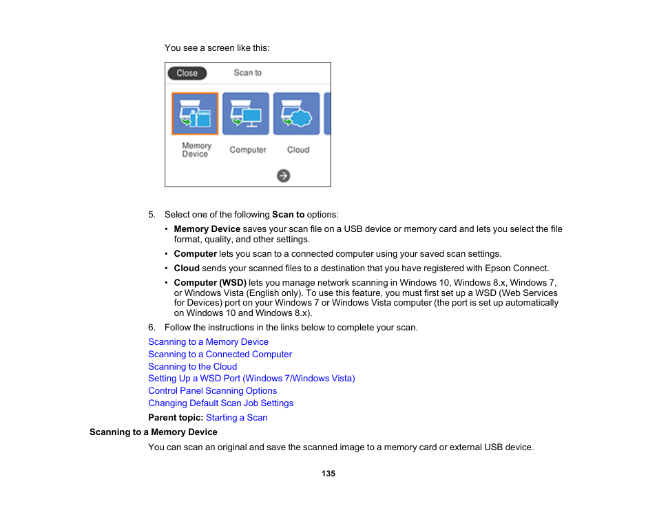 Scanning to a memory device | Epson Expression Premium XP-6100 All-in-One Printer User Manual | Page 135 / 334