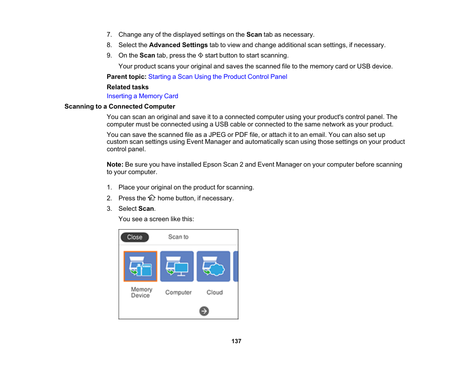 Scanning to a connected computer | Epson Expression Premium XP-6100 All-in-One Printer User Manual | Page 137 / 334