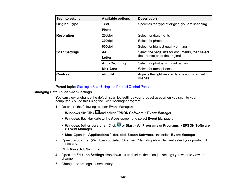 Changing default scan job settings | Epson Expression Premium XP-6100 All-in-One Printer User Manual | Page 142 / 334
