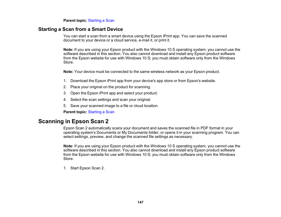 Starting a scan from a smart device, Scanning in epson scan 2 | Epson Expression Premium XP-6100 All-in-One Printer User Manual | Page 147 / 334