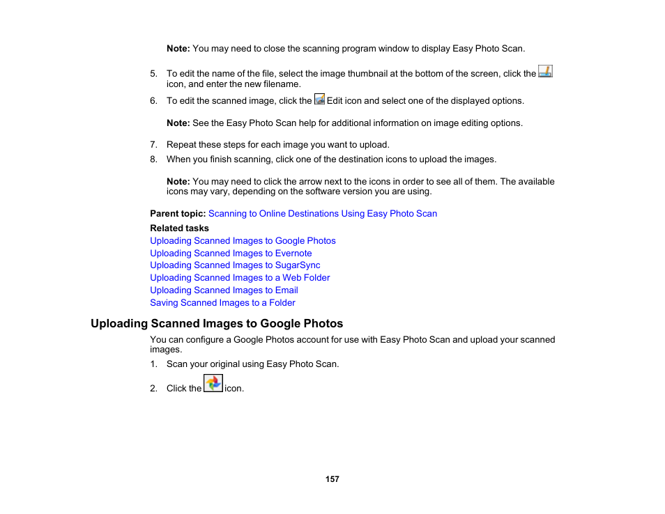 Uploading scanned images to google photos | Epson Expression Premium XP-6100 All-in-One Printer User Manual | Page 157 / 334