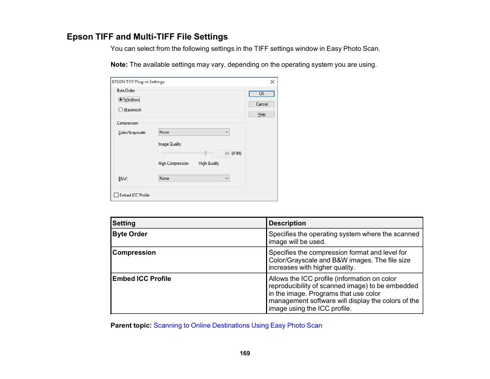 Epson tiff and multi-tiff file settings | Epson Expression Premium XP-6100 All-in-One Printer User Manual | Page 169 / 334
